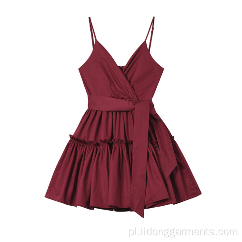 Kobiety mody Burgundowe Ruffles Pasp sukienka